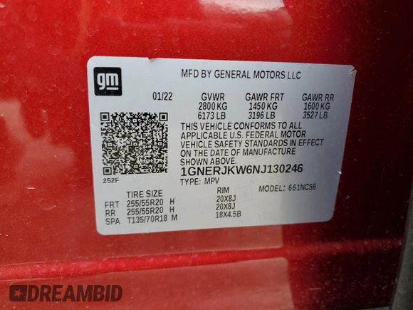 2022 Chevrolet Traverse RS with VIN 1GNERJKW6NJ130246, listed as a Copart auction lot 45039085 with 53,215 mi miles and Salvage title. Bid and sale history available at DreamBid. Image 15.