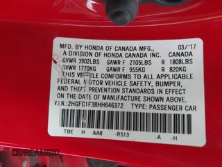 2017 Honda Civic Sedan EX-T with VIN 2HGFC1F38HH646372, listed as a IAAI auction lot 41726045 with 122,423 mi miles. Bid and sale history available at carsss.com. Image 9.