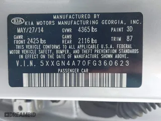 2015 Kia Optima EX with VIN 5XXGN4A70FG360623, listed as a IAAI auction lot 42112315 with 262,058 mi miles. Bid and sale history available at carsss.com. Image 9.