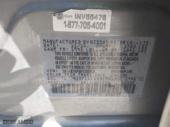 2014 Nissan Sentra SR with VIN 3N1AB7AP9EY335809, listed as a IAAI auction lot 41677172 with 74,362 mi miles. Bid and sale history available at carsss.com. Image 9.