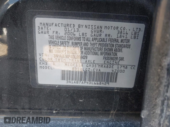 2013 Nissan Sentra SV with VIN 3N1AB7AP4DL668429, listed as a IAAI auction lot 41696036 with 92,691 mi miles. Bid and sale history available at carsss.com. Image 9.
