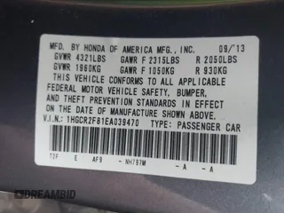 2014 Honda Accord EX-L with VIN 1HGCR2F81EA039470, listed as a IAAI auction lot 41948055 with 207,279 mi miles and . Bid and sale history available at carsss.com. Image 9.