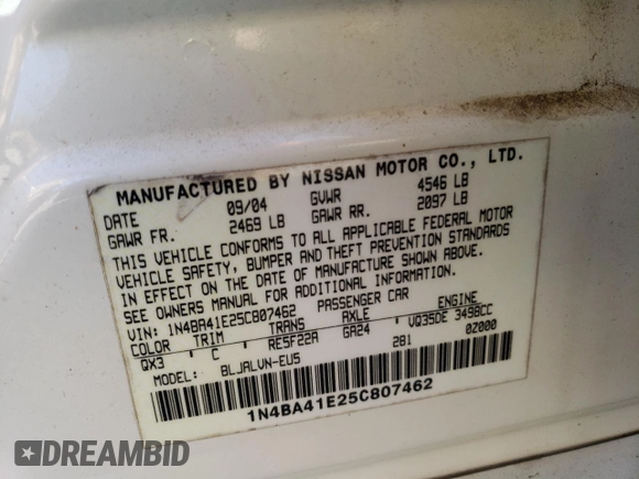 2005 Nissan Maxima 3.5 SL with VIN 1N4BA41E25C807462, listed as a Copart auction lot 46926785 with 199,489 mi miles and Salvage Title. Bid and sale history available at carsss.com. Image 14.