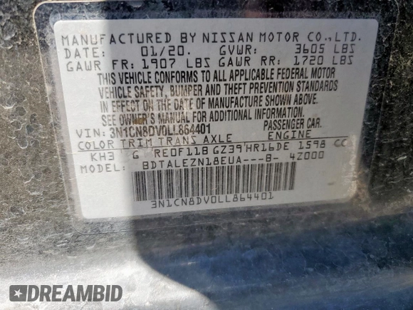 2020 Nissan Versa S with VIN 3N1CN8DV0LL864401, listed as a Copart auction lot 59968525 with 56,578 mi miles and Salvage title. Bid and sale history available at DreamBid. Image 12.
