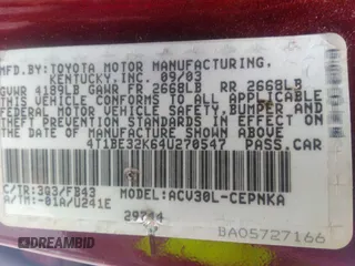 2004 Toyota Camry LE with VIN 4T1BE32K64U270547, listed as a IAAI auction lot 41245868 with Not Provided miles and . Bid and sale history available at DreamBid. Image 9.