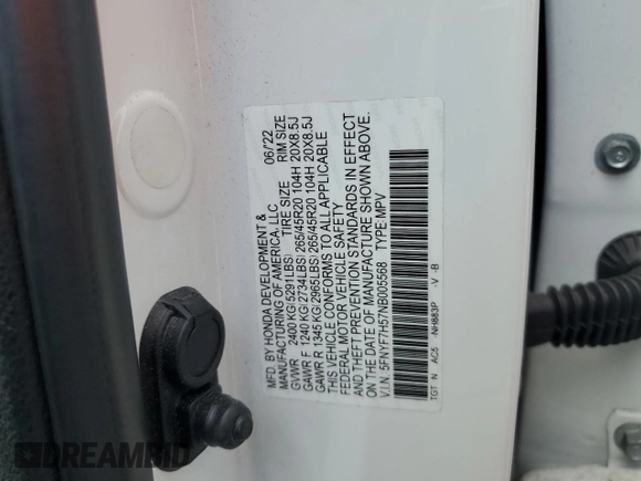 2022 Honda Passport EX-L with VIN 5FNYF7H57NB005568, listed as a Copart auction lot 54406795 with 25,681 mi miles and Salvage title. Bid and sale history available at DreamBid. Image 13.