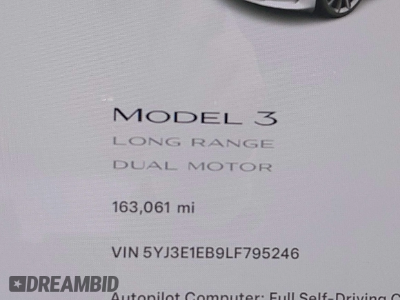 2020 Tesla Model 3 Long Range with VIN 5YJ3E1EB9LF795246, listed as a IAAI auction lot 41895750 with 163,061 mi miles and . Bid and sale history available at DreamBid. Image 16.