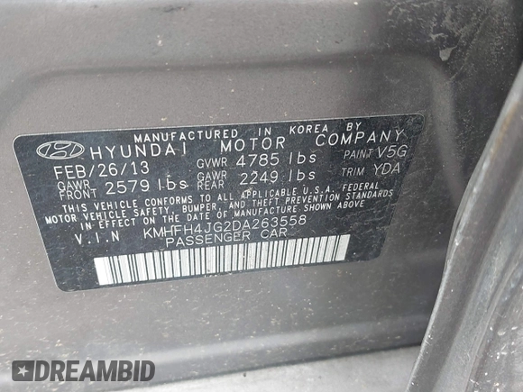 2013 Hyundai Azera with VIN KMHFH4JG2DA263558, listed as a IAAI auction lot 42434288 with 147,282 mi miles and . Bid and sale history available at DreamBid. Image 9.
