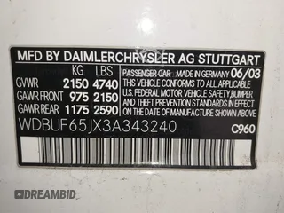 2003 Mercedes-Benz E 320 z VIN WDBUF65JX3A343240, wystawiony jako IAAI lot #41711764 z przebiegiem 128 795 mil mil oraz . Historia ofert i sprzedaży dostępna na DreamBid. Obrazek 9.