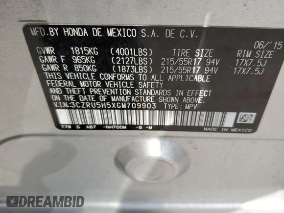 2016 Honda HR-V EX with VIN 3CZRU5H5XGM709903, listed as a Copart auction lot 56096995 with 44,610 mi miles and Salvage Title. Bid and sale history available at DreamBid. Image 13.