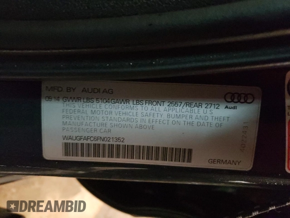 2015 Audi A6 2.0T Premium Plus with VIN WAUGFAFC6FN021352, listed as a Copart auction lot 40099263 with 54,383 mi miles. Bid and sale history available at carsss.com. Image 14.