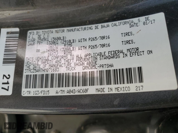 2017 Toyota Tacoma SR5 z VIN 3TMCZ5AN7HM071683, wystawiony jako Copart lot #53665755 z przebiegiem 65 180 mil mil oraz Szkoda całkowita • Salvage title. Historia ofert i sprzedaży dostępna na DreamBid. Obrazek 12.