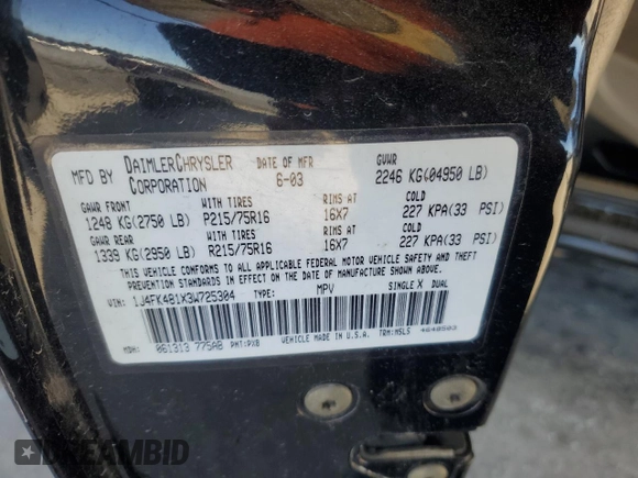 2003 Jeep Liberty Sport with VIN 1J4FK481X3W725304, listed as a Copart auction lot 87003384 with 185,646 mi miles and Salvage Title. Bid and sale history available at DreamBid. Image 14.