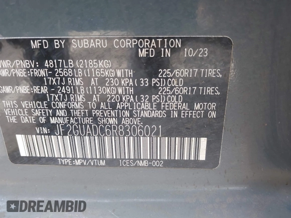 2024 Subaru Crosstrek Premium with VIN JF2GUADC6R8306021, listed as a IAAI auction lot 42078539 with 28,497 mi miles and . Bid and sale history available at DreamBid. Image 9.