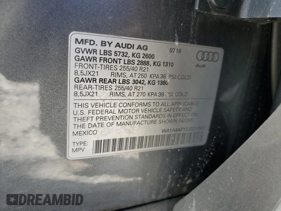 2018 Audi SQ5 Premium Plus with VIN WA1A4AFY2J2217531, listed as a Copart auction lot 50592824 with 44,219 mi miles and Salvage Title. Bid and sale history available at DreamBid. Image 12.