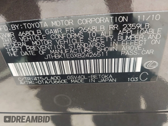 2011 Lexus ES 330 with VIN JTHBK1EGXB2426511, listed as a IAAI auction lot 42465558 with 106,058 mi miles and . Bid and sale history available at DreamBid. Image 9.