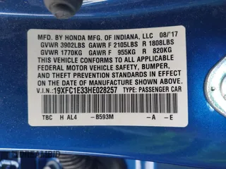 2017 Honda Civic EX-T with VIN 19XFC1E33HE028257, listed as a IAAI auction lot 41395356 with 51,154 mi miles and . Bid and sale history available at DreamBid. Image 9.