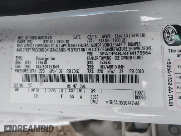 2015 Ford Fiesta SE with VIN 3FADP4BJ4FM175664, listed as a IAAI auction lot 41834555 with 79,268 mi miles. Bid and sale history available at carsss.com. Image 9.