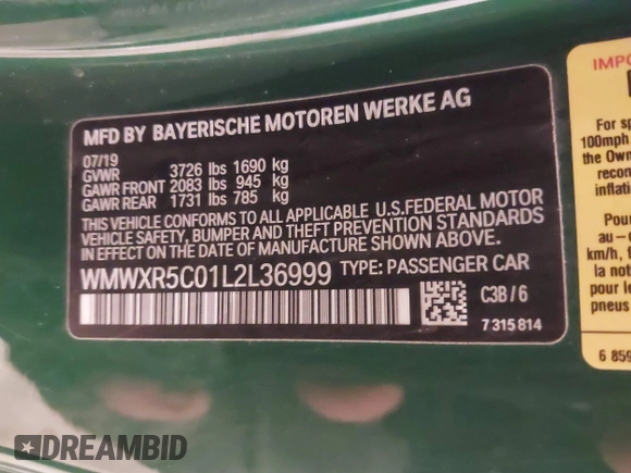 2020 MINI Hardtop Cooper S z VIN WMWXR5C01L2L36999, wystawiony jako IAAI lot #41404558 z przebiegiem 24 930 mil mil oraz . Historia ofert i sprzedaży dostępna na DreamBid. Obrazek 9.