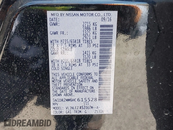 2017 Nissan Pathfinder Platinum with VIN 5N1DR2MM6HC615528, listed as a IAAI auction lot 42349325 with 155,632 mi miles and . Bid and sale history available at DreamBid. Image 9.