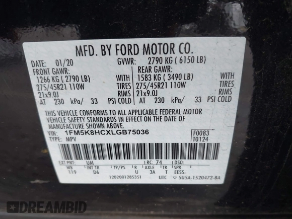 2020 Ford Explorer Platinum with VIN 1FM5K8HCXLGB75036, listed as a IAAI auction lot 41592792 with 40,507 mi miles. Bid and sale history available at carsss.com. Image 9.
