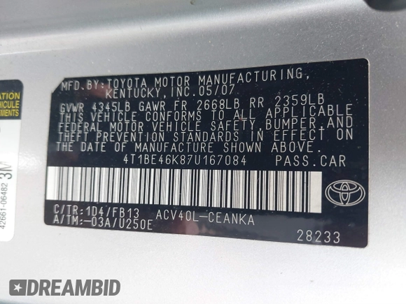 2007 Toyota Camry CE with VIN 4T1BE46K87U167084, listed as a IAAI auction lot 39889113 with 76,998 mi miles and . Bid and sale history available at DreamBid. Image 9.