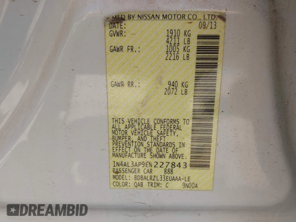 2014 Nissan Altima S with VIN 1N4AL3AP9EN227843, listed as a IAAI auction lot 41961956 with 131,376 mi miles and . Bid and sale history available at DreamBid. Image 9.