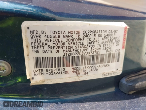 1997 Toyota Camry LE with VIN JT2BG22K5V0073783, listed as a IAAI auction lot 42409561 with 149,560 mi miles and . Bid and sale history available at DreamBid. Image 9.