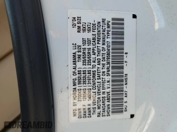 2005 Honda Odyssey EX-L with VIN 5FNRL38785B041017, listed as a Copart auction lot 52191965 with 211,949 mi miles and Salvage Title. Bid and sale history available at carsss.com. Image 14.