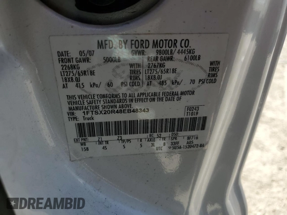 2008 Ford Super Duty F-250 SRW XL with VIN 1FTSX20R48EB48343, listed as a Copart auction lot 72230754 with 81,807 mi miles and Salvage Title. Bid and sale history available at carsss.com. Image 12.