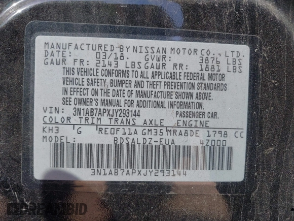 2018 Nissan Sentra S with VIN 3N1AB7APXJY293144, listed as a IAAI auction lot 41783989 with 87,308 mi miles and . Bid and sale history available at DreamBid. Image 9.
