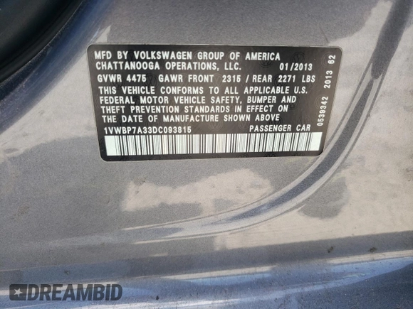 2013 Volkswagen Passat SE with VIN 1VWBP7A33DC093815, listed as a Copart auction lot 58043715 with 120,893 mi miles and Salvage title. Bid and sale history available at DreamBid. Image 12.