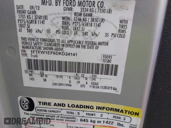 2013 Ford F-150 XL с VIN 1FTFW1EF6DKD24141, выставлен на аукционе IAAI как лот 42032938 с пробегом 135 362 миль миль и . История ставок и продаж доступна на DreamBid. Изображение 9.