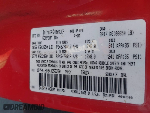 2004 Dodge 1500 SLT with VIN 1D7HA18D94J256320, listed as a IAAI auction lot 41939270 with 283,854 mi miles. Bid and sale history available at carsss.com. Image 9.