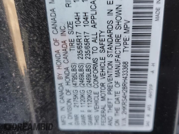 2024 Honda CR-V LX with VIN 2HKRS4H28RH433368, listed as a Copart auction lot 84874544 with 57,800 mi miles and Salvage Title. Bid and sale history available at DreamBid. Image 13.