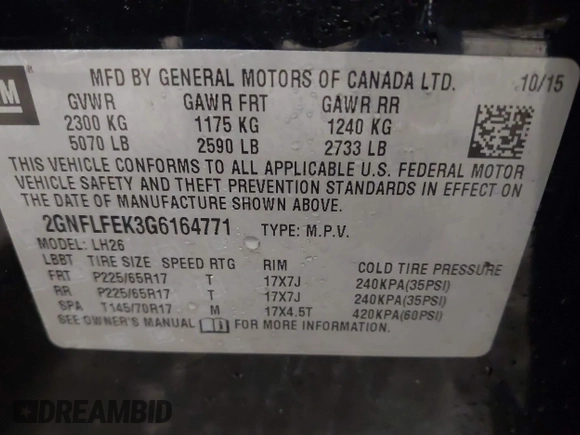 2016 Chevrolet Equinox LT with VIN 2GNFLFEK3G6164771, listed as a IAAI auction lot 42200870 with 181,027 mi miles and . Bid and sale history available at DreamBid. Image 9.