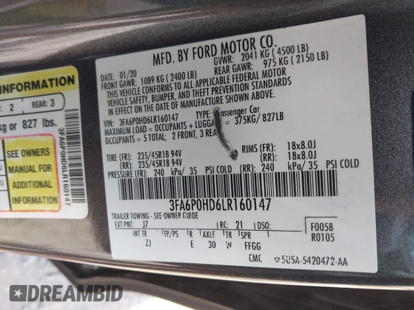2020 Ford Fusion SE z VIN 3FA6P0HD6LR160147, wystawiony jako IAAI lot #42499983 z przebiegiem 73 971 mil mil oraz . Historia ofert i sprzedaży dostępna na DreamBid. Obrazek 9.