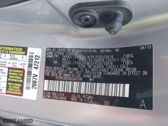 2013 Toyota Sienna XLE AAS with VIN 5TDYK3DC0DS360388, listed as a IAAI auction lot 41163681 with 146,920 mi miles. Bid and sale history available at carsss.com. Image 9.
