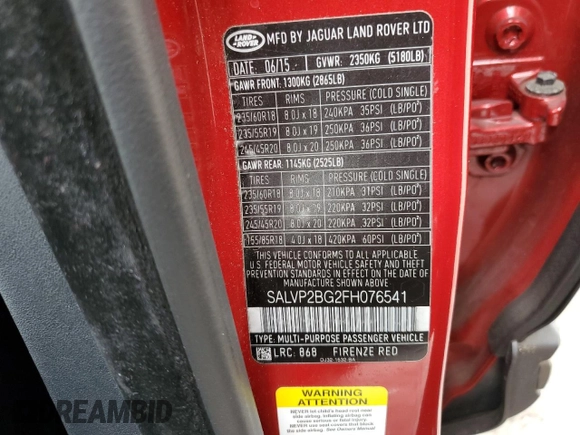 2015 Land Rover Range Rover Evoque Pure Plus with VIN SALVP2BG2FH076541, listed as a Copart auction lot 63159285 with 37,033 mi miles and Salvage title. Bid and sale history available at DreamBid. Image 13.
