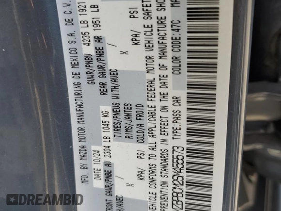 2025 Mazda 3 S Carbon Edition with VIN 3MZBPBCM2SM455573, listed as a Copart auction lot 54517615 with 3,844 mi miles and Clean Title. Bid and sale history available at DreamBid. Image 12.