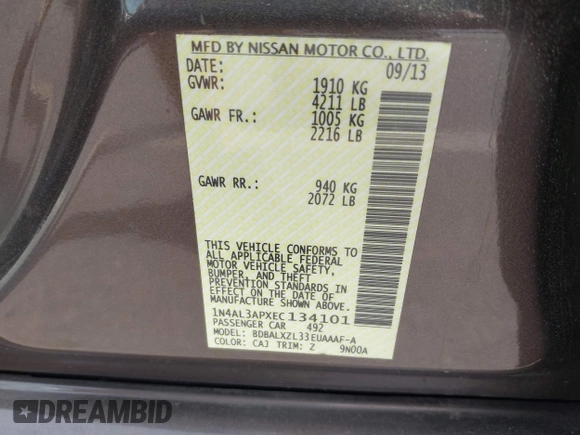 2014 Nissan Altima SV with VIN 1N4AL3APXEC134101, listed as a IAAI auction lot 42102731 with 178,791 mi miles and . Bid and sale history available at DreamBid. Image 9.