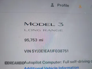 2018 Tesla Model 3 Long Range Battery with VIN 5YJ3E1EA1JF038751, listed as a IAAI auction lot 40553966 with 95,753 mi miles and . Bid and sale history available at DreamBid. Image 14.