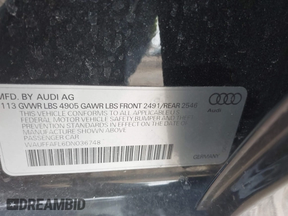 2013 Audi A4 Premium Plus with VIN WAUFFAFL6DN036748, listed as a IAAI auction lot 41513567 with 60,670 mi miles. Bid and sale history available at carsss.com. Image 9.