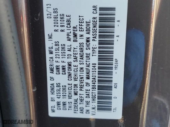 2013 Honda Accord Cpe EX-L with VIN 1HGCT1B84DA015048, listed as a Copart auction lot 81859344 with 170,832 mi miles and Salvage Title. Bid and sale history available at carsss.com. Image 13.
