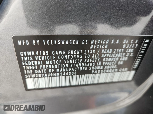 2017 Volkswagen Jetta S with VIN 3VW2B7AJ9HM344306, listed as a Copart auction lot 60256965 with 23,055 mi miles and Salvage title. Bid and sale history available at DreamBid. Image 12.