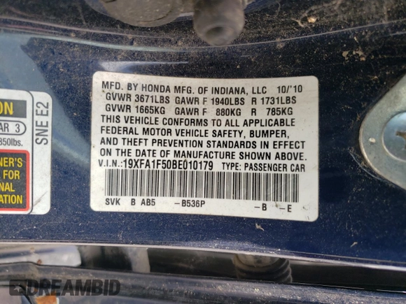 2011 Honda Civic LX with VIN 19XFA1F50BE010179, listed as a Copart auction lot 57018815 with 151,624 mi miles and Salvage Title. Bid and sale history available at DreamBid. Image 12.