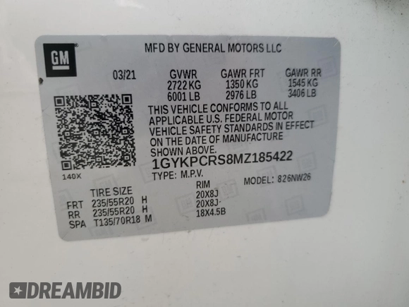 2021 Cadillac XT6 Premium Luxury with VIN 1GYKPCRS8MZ185422, listed as a Copart auction lot 56131775 with 62,043 mi miles and Salvage title. Bid and sale history available at DreamBid. Image 13.