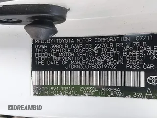 2011 Toyota Prius I with VIN JTDKN3DU7B0319732, listed as a IAAI auction lot 42114036 with 286,315 mi miles. Bid and sale history available at carsss.com. Image 9.