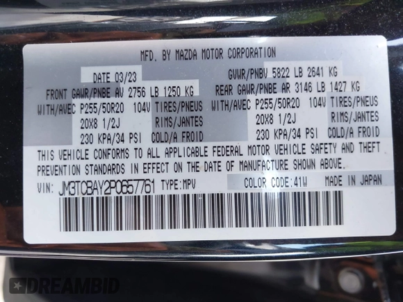 2023 Mazda CX-9 Touring Plus with VIN JM3TCBAY2P0657761, listed as a IAAI auction lot 41125586 with 12,425 mi miles and . Bid and sale history available at DreamBid. Image 9.