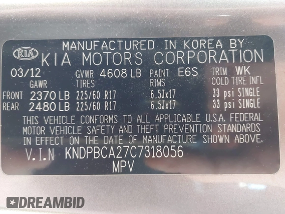 2012 Kia Sportage LX with VIN KNDPBCA27C7318056, listed as a IAAI auction lot 41887312 with 144,940 mi miles and . Bid and sale history available at DreamBid. Image 9.